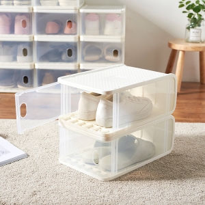 廠家現(xiàn)貨批發(fā)創(chuàng)意日式塑料鞋盒可疊加防塵加厚鞋盒出口透明收納盒